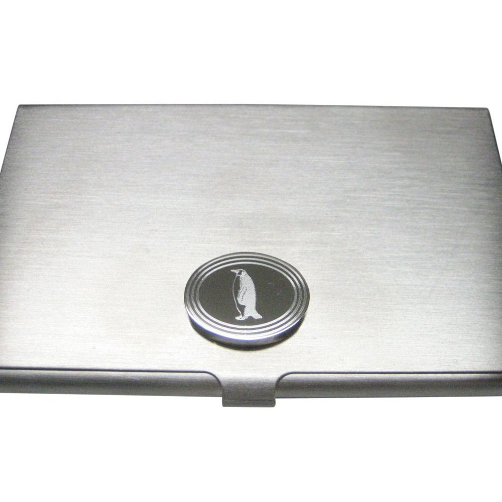Etched Oval Penguin Business Card Holder